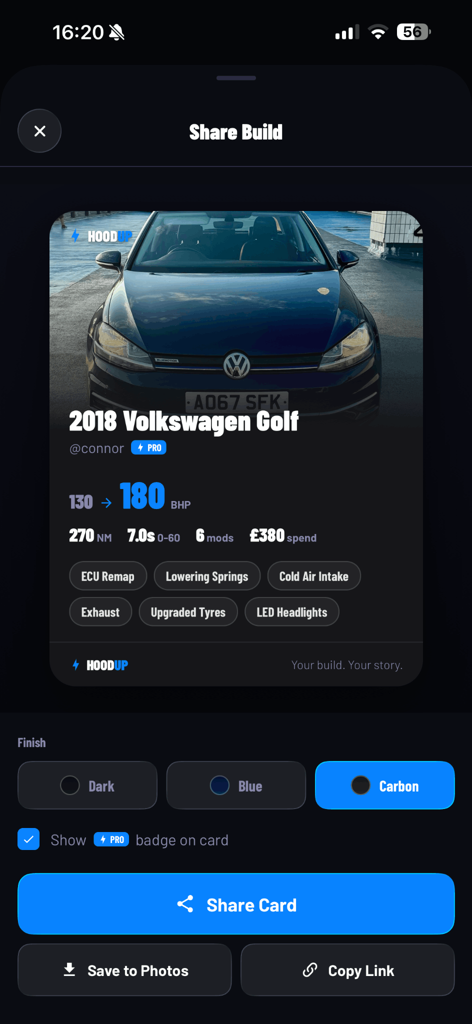 HoodUp premium vehicle share card preview