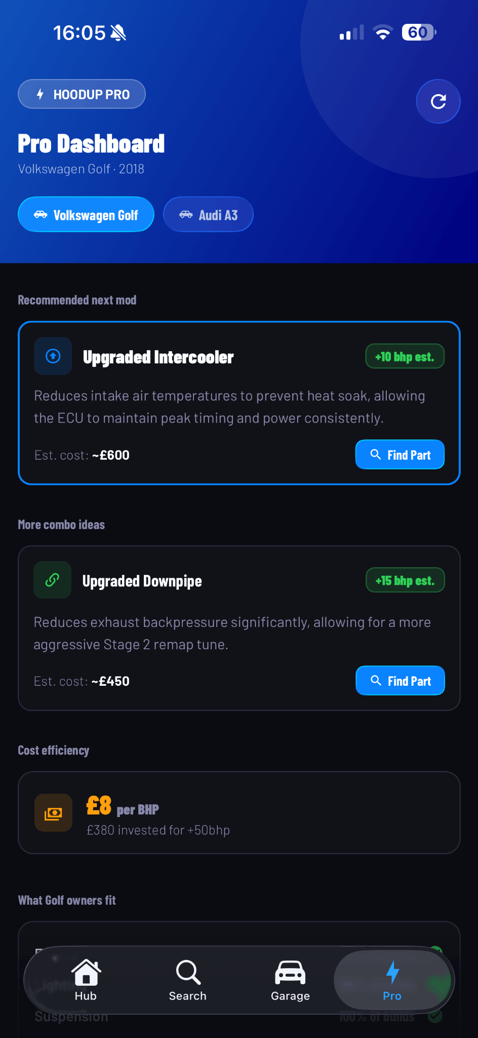 HoodUp suggested next modification screen