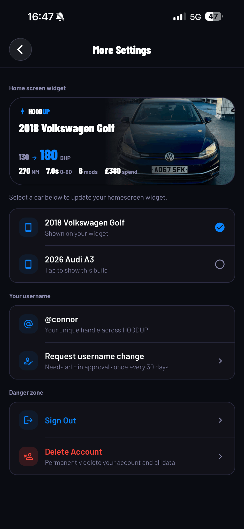 HoodUp iOS widget and username change